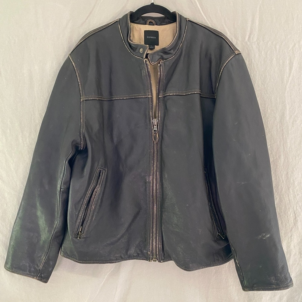 Express Mens XL Jacket 100% Leather Biker Motorcycle Heavy Coat Brown